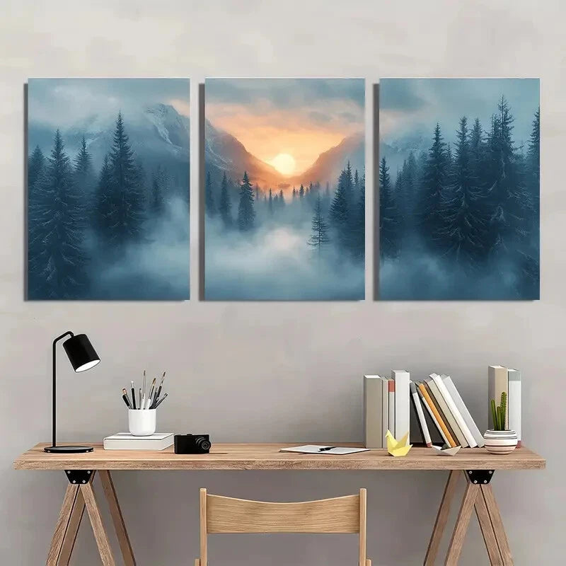 3pcs Misty Forest and Silhouette Trees Landscape Metal Print Ready to Hang Art