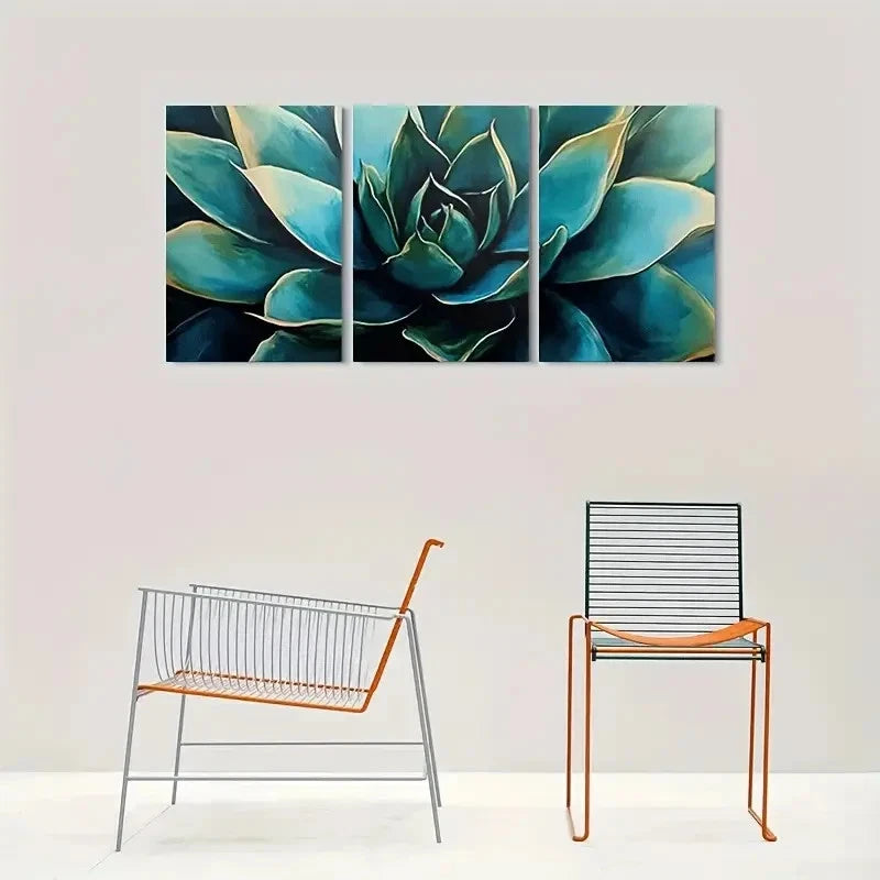 3pcs Abstract Succulent Blue & Green Textured Metal Print Ready to Hang Art - Bella Home Decor