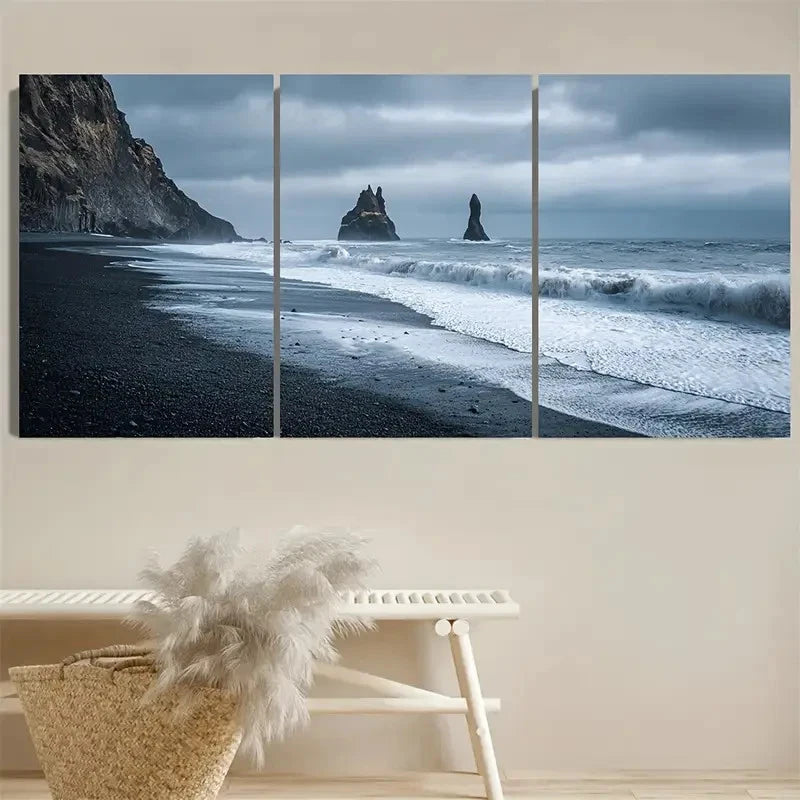 3pcs Iceland Black Sand Beach Wall Art Set Canvas Framed 60x90cm - High Quality Print 100% Australian Made Wall Canvas Ready to Hang
