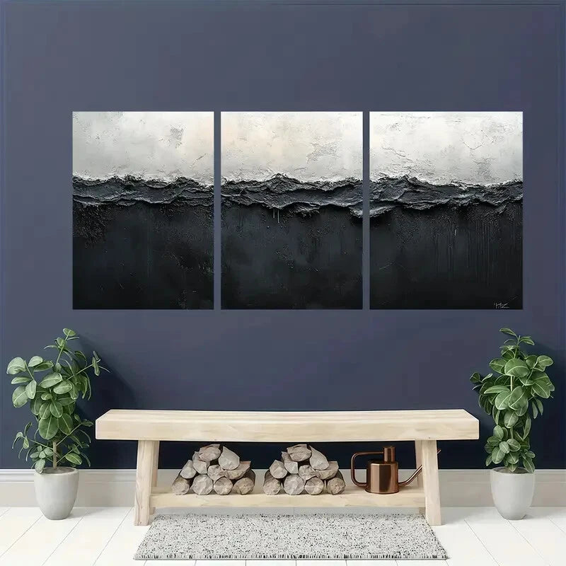 3pcs Black and White Abstract Painting Metal Print Ready to Hang Art - Bella Home Decor