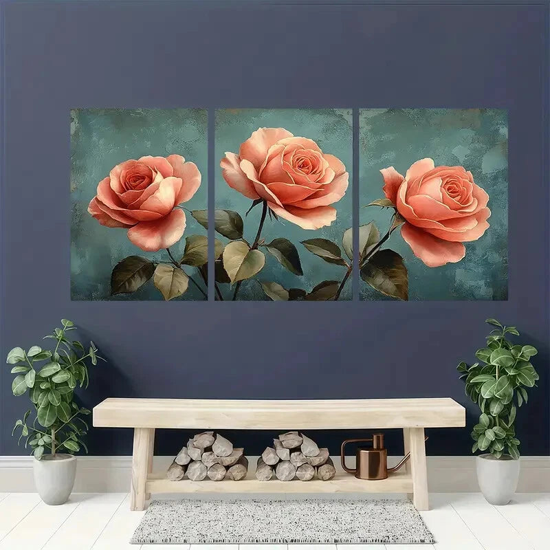 3pcs e Rose Botanical Floral Horizontal Art Metal Print Ready to Hang Art - Bella Home Decor