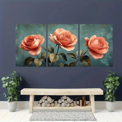 3pcs e Rose Botanical Floral Horizontal Art Metal Print Ready to Hang Art - Bella Home Decor