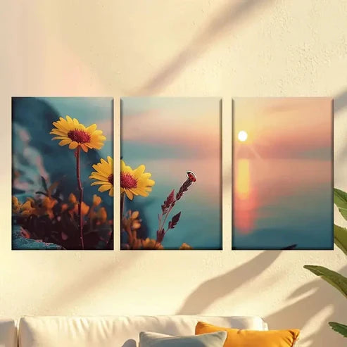 3pcs Flowers on the sunset coast  Wall Art Set Canvas Unframed - High Quality Print 100% Australian Made Wall Canvas - Bella Home Decor