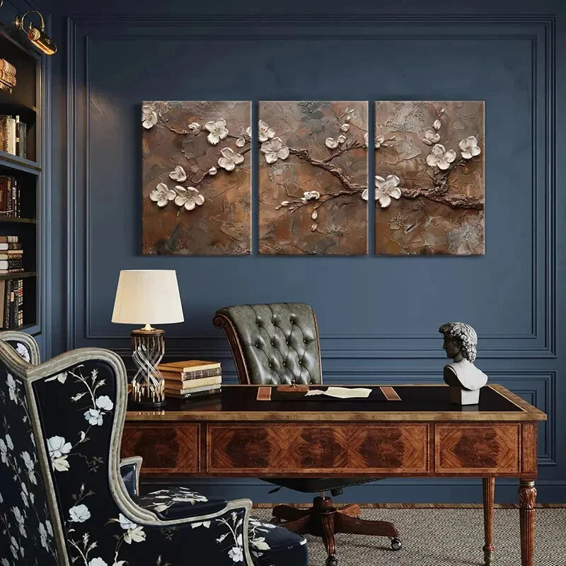 3pcs Elegant Floral Brown Textured Background Metal Print Ready to Hang Art - Bella Home Decor