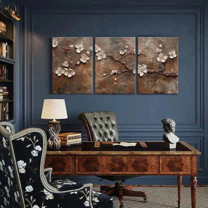 3pcs Elegant Floral Brown Textured Background Metal Print Ready to Hang Art - Bella Home Decor