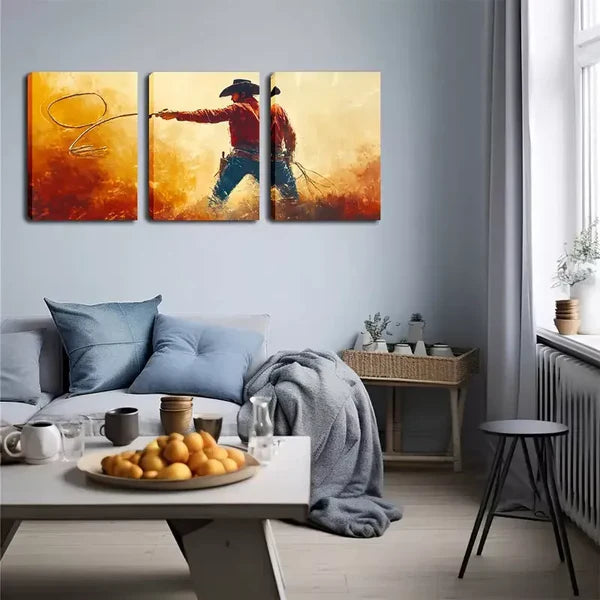 3pcs Western Cowboy with Rope Wall Art Set Canvas Framed 60x90cm - High Quality Print 100% Australian Made Wall Canvas Ready to Hang - Bella Home Decor