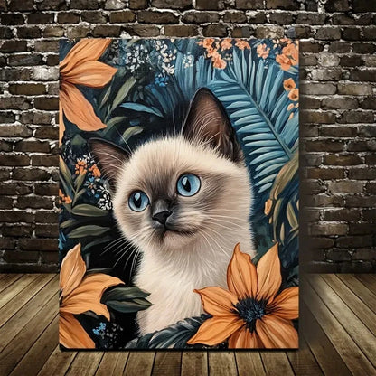 Cute Siamese Kitten with Vibrant Flowers Painting  40x60cm Metal Print Ready to Hang