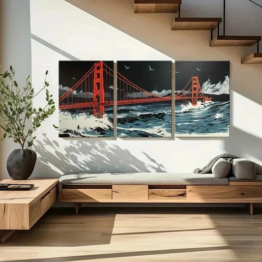 3pcs Golden Gate Bridge Stormy Sea Night Sky Wall Art Set Canvas Framed 40x60cm - High Quality Print 100% Australian Made Wall Canvas Ready to Hang