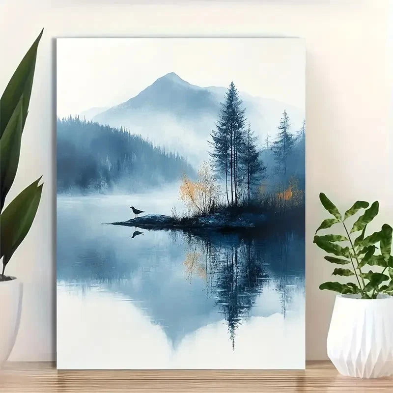 Beautiful Calm Lake Reflection Modern Painting 40x60cm Metal Print Ready to Hang - Bella Home Decor
