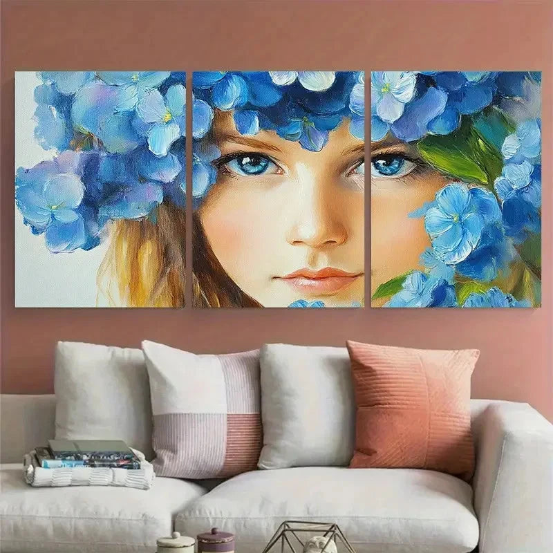 3pcs Hydrangea Flower Girl Portrait Illustration Metal Print Ready to Hang Art - Bella Home Decor