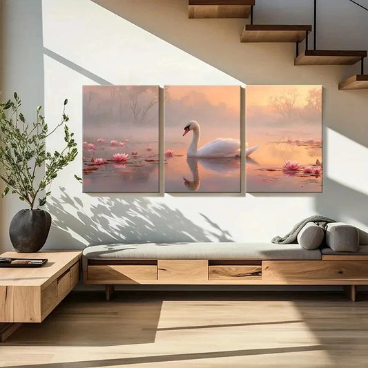 3pcs Serene Lake Enchanting Swan & Pink Lotus Metal Print Ready to Hang Art