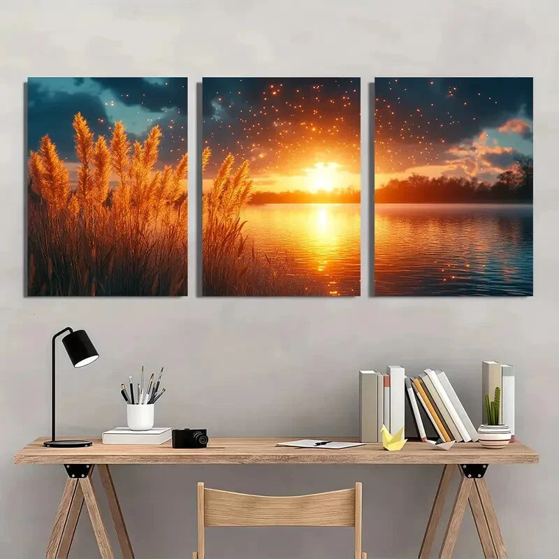 3pcs Golden Sunset Teal Sky & Silhouetted Grass Metal Print Ready to Hang Art - Bella Home Decor