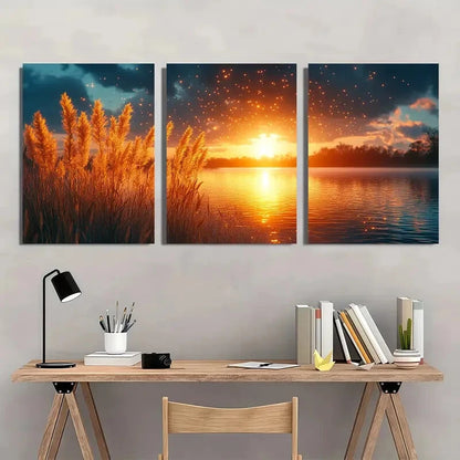 3pcs Golden Sunset Teal Sky & Silhouetted Grass Metal Print Ready to Hang Art - Bella Home Decor