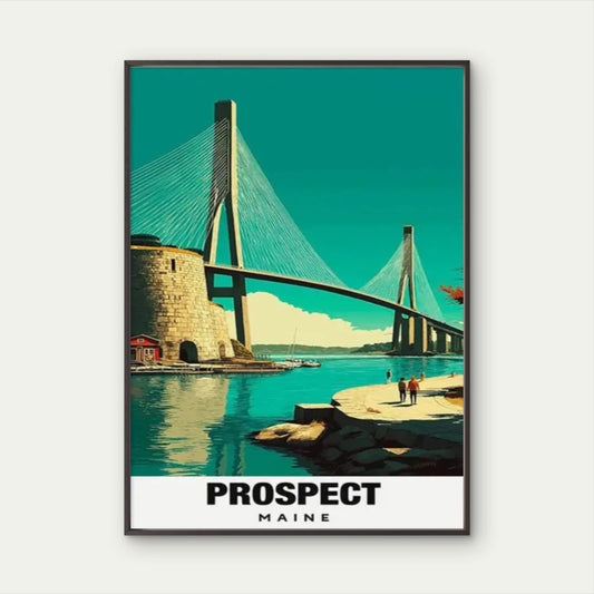 Prospect Maine Coastal Bridge Turquoise & White Travel Poster Print Wall Art