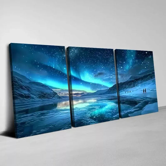 3pcs Beautiful Blue Northern Lights Wall Art Set Canvas Framed 50x70cm - High Quality Print 100% Australian Made Wall Canvas Ready to Hang