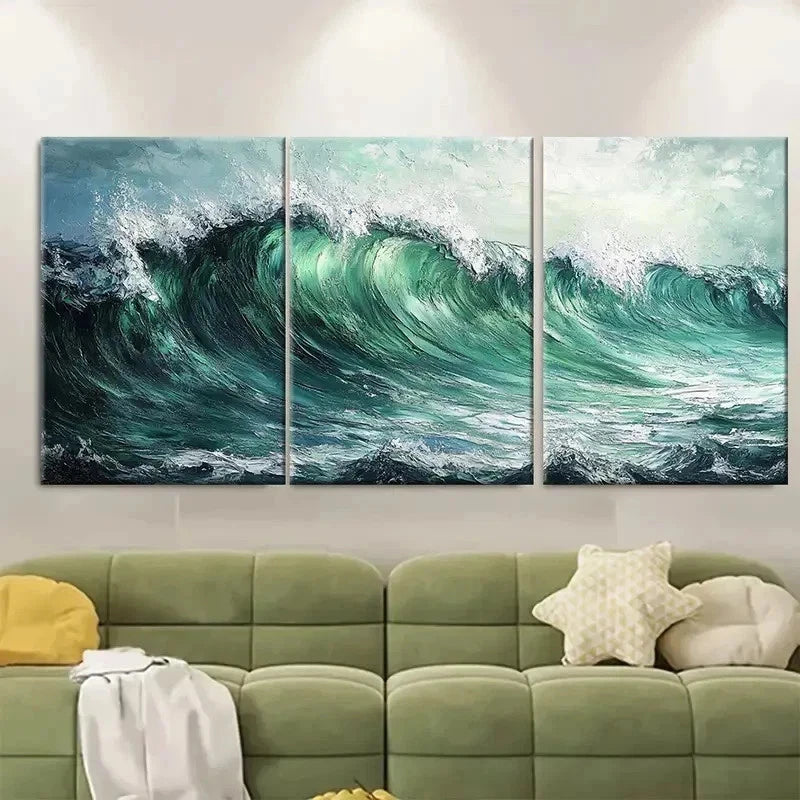 3pcs Green Abstract Textured Ocean HJ   Wall Art Set Canvas Framed 40x60cm - High Quality Print 100% Australian Made Wall Canvas Ready to Hang