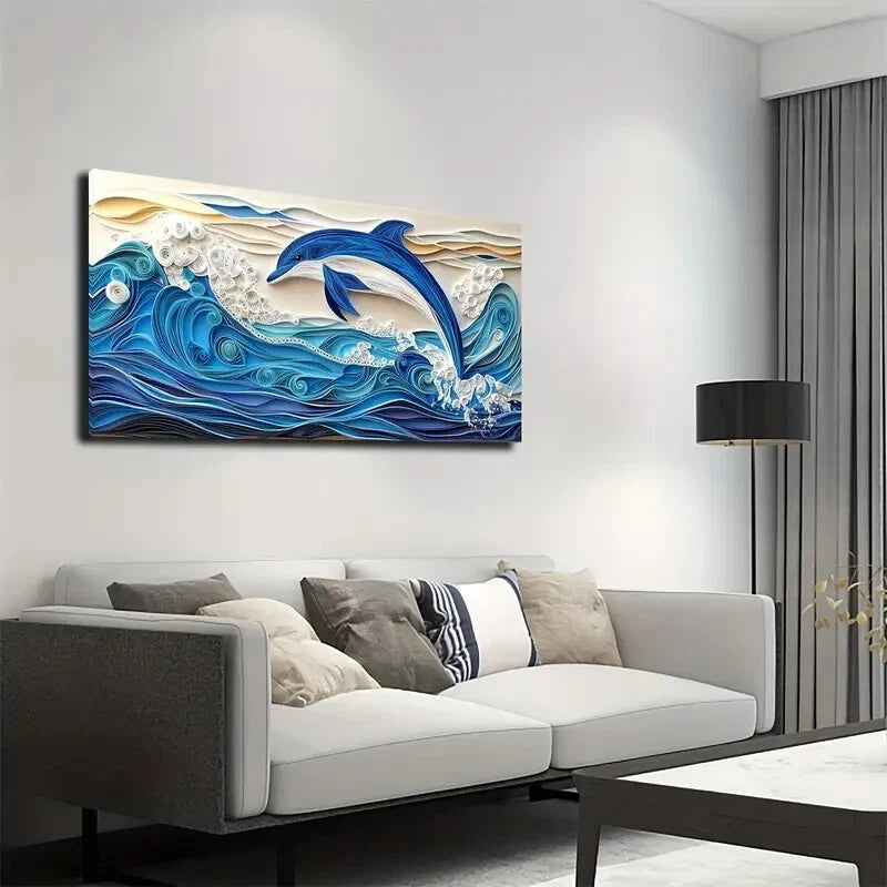 Blue Dolphin Leaping From Waves Wall Art Canvas Office Home Room Framed 120x60cm - Bella Home Decor