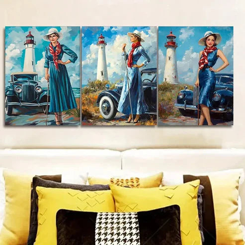 3pcs The girl by the old car Wall Art Set Canvas Unframed - High Quality Print 100% Australian Made Wall Canvas