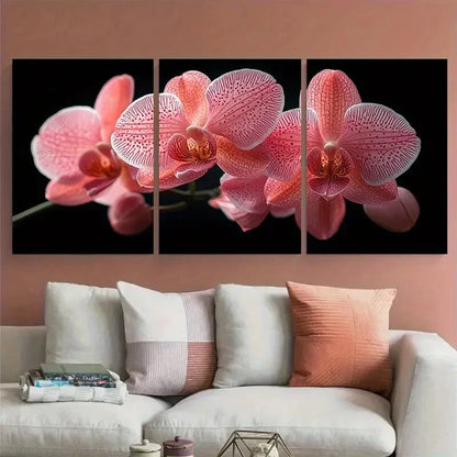 3pcs Pink Orchid Floral in Black Background Metal Print Ready to Hang Art - Bella Home Decor