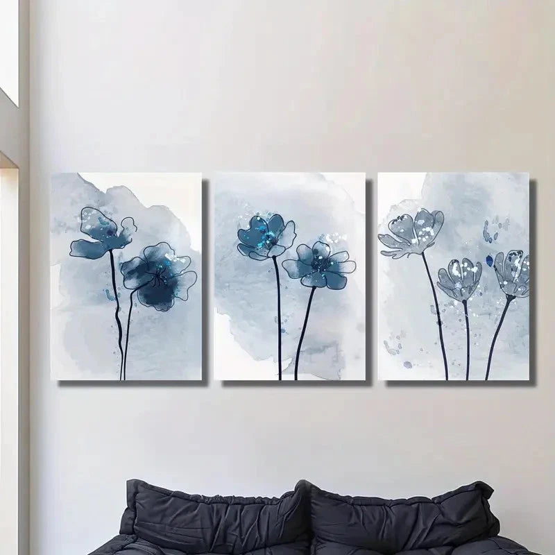 3pcs Blue Botanical Abstract Art Painting Metal Print Ready to Hang Art - Bella Home Decor