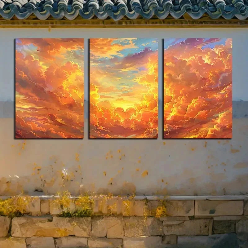 3pcs Vibrant Heart-Shaped Clouds Design Metal Print Ready to Hang Art - Bella Home Decor