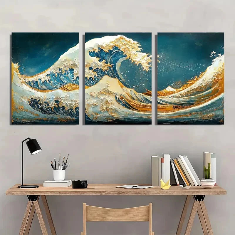 3pcs Great Wave Off Kanagawa Panoramic Metal Print Ready to Hang Art - Bella Home Decor