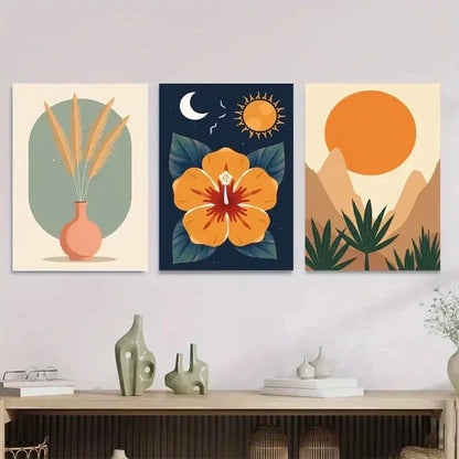 3pcs Boho Style Modern Tropical Flower & Abstract Wall Art Set Canvas Unframed - High Quality Print 100% Australian Made Wall Canvas - Bella Home Decor