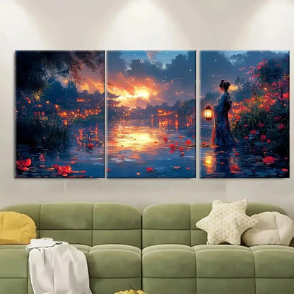 3pcs Asian Garden Night Lanter Lady DI  Wall Art Set Canvas Framed 50x70cm - High Quality Print 100% Australian Made Wall Canvas Ready to Hang - Bella Home Decor