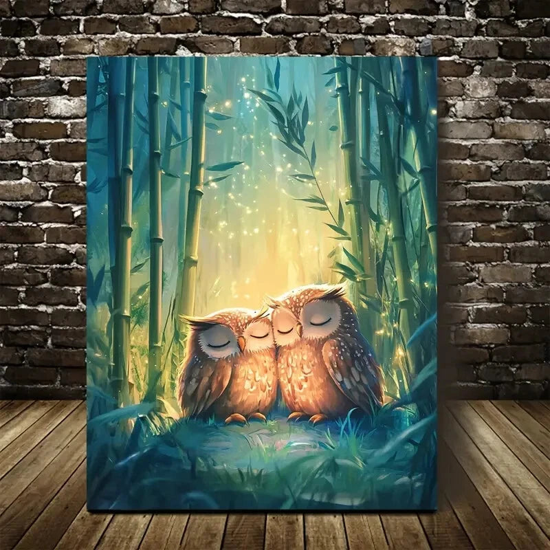 Whimsical Owl Scene with Ethereal Bamboo Glow Painting 40x60cm Metal Print Ready to Hang - Bella Home Decor