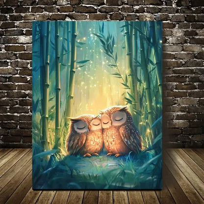 Whimsical Owl Scene with Ethereal Bamboo Glow Painting 40x60cm Metal Print Ready to Hang - Bella Home Decor