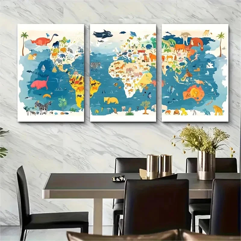 3pcs , Colorful Animal World Map Metal Print Ready to Hang Art - Bella Home Decor