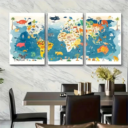3pcs , Colorful Animal World Map Metal Print Ready to Hang Art - Bella Home Decor