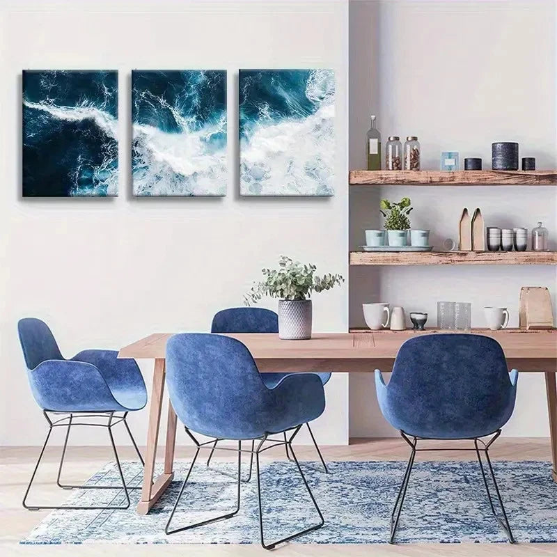 3pcs Abstract Blue and White Ocean Pattern Metal Print Ready to Hang Art - Bella Home Decor