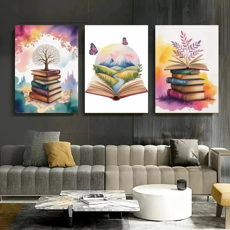 3pcs Open Books, Butterflies, Castle, Mountains  Wall Art Set Canvas Framed 60x90cm - High Quality Print 100% Australian Made Wall Canvas Ready to Hang - Bella Home Decor