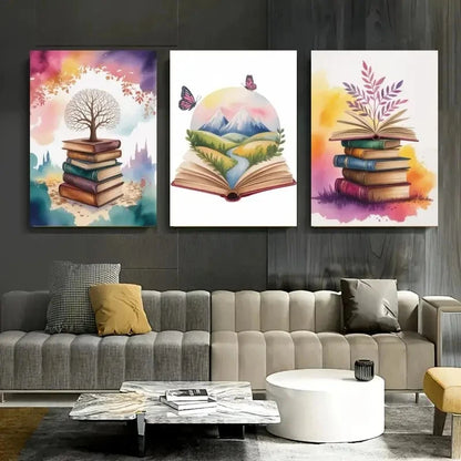 3pcs Open Books, Butterflies, Castle, Mountains  Wall Art Set Canvas Framed 60x90cm - High Quality Print 100% Australian Made Wall Canvas Ready to Hang - Bella Home Decor