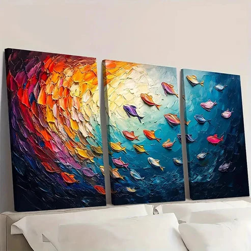 3pcs Colorful Fish School Abstract GJ Wall Art Set Canvas Unframed - High Quality Print 100% Australian Made Wall Canvas - Bella Home Decor