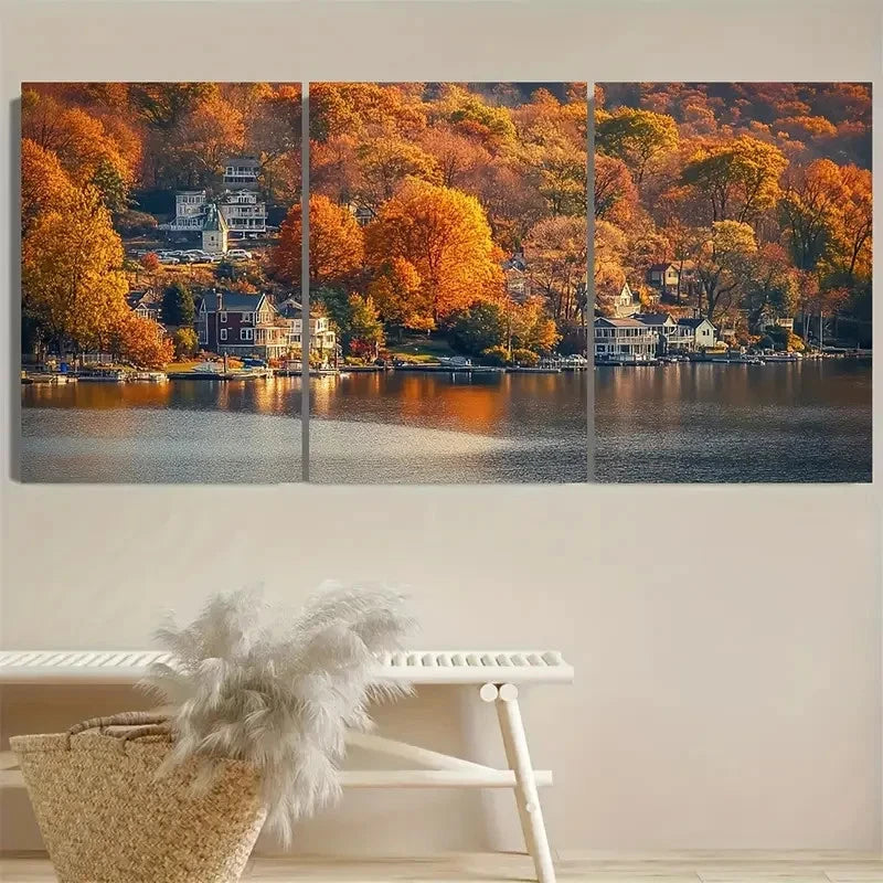 3pcs Vibrant Autumn Scene with Houses & Trees Wall Art Set Canvas Framed 50x70cm - High Quality Print 100% Australian Made Wall Canvas Ready to Hang - Bella Home Decor