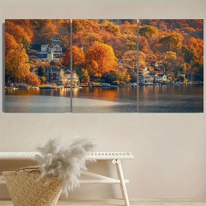 3pcs Vibrant Autumn Scene with Houses & Trees Wall Art Set Canvas Framed 50x70cm - High Quality Print 100% Australian Made Wall Canvas Ready to Hang - Bella Home Decor