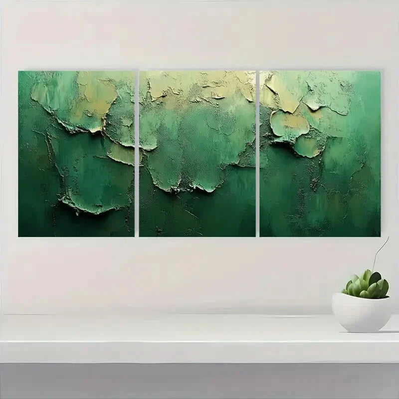 3pcs Minimalist Abstract Green & Beige Textured Metal Print Ready to Hang Art - Bella Home Decor