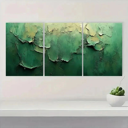 3pcs Minimalist Abstract Green & Beige Textured Metal Print Ready to Hang Art - Bella Home Decor