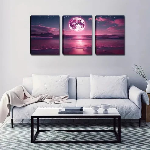 3pcs Beautiful Art, Fuchsia Moon Wall Art Canvas Unframed - High Quality Print 100% Australian Made Wall Canvas - Bella Home Decor