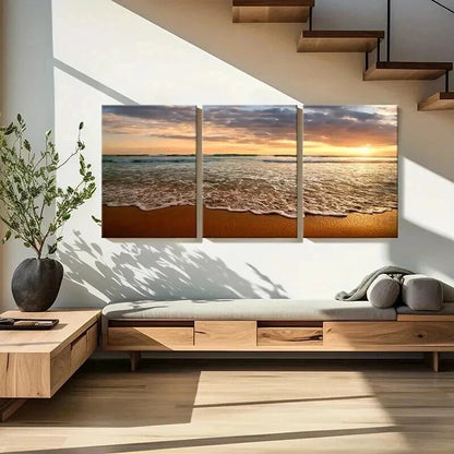 3pcs Natural Landscape Art with Sunset and Waves Wall Art Set Canvas Framed 60x90cm - High Quality Print 100% Australian Made Wall Canvas Ready to Hang - Bella Home Decor