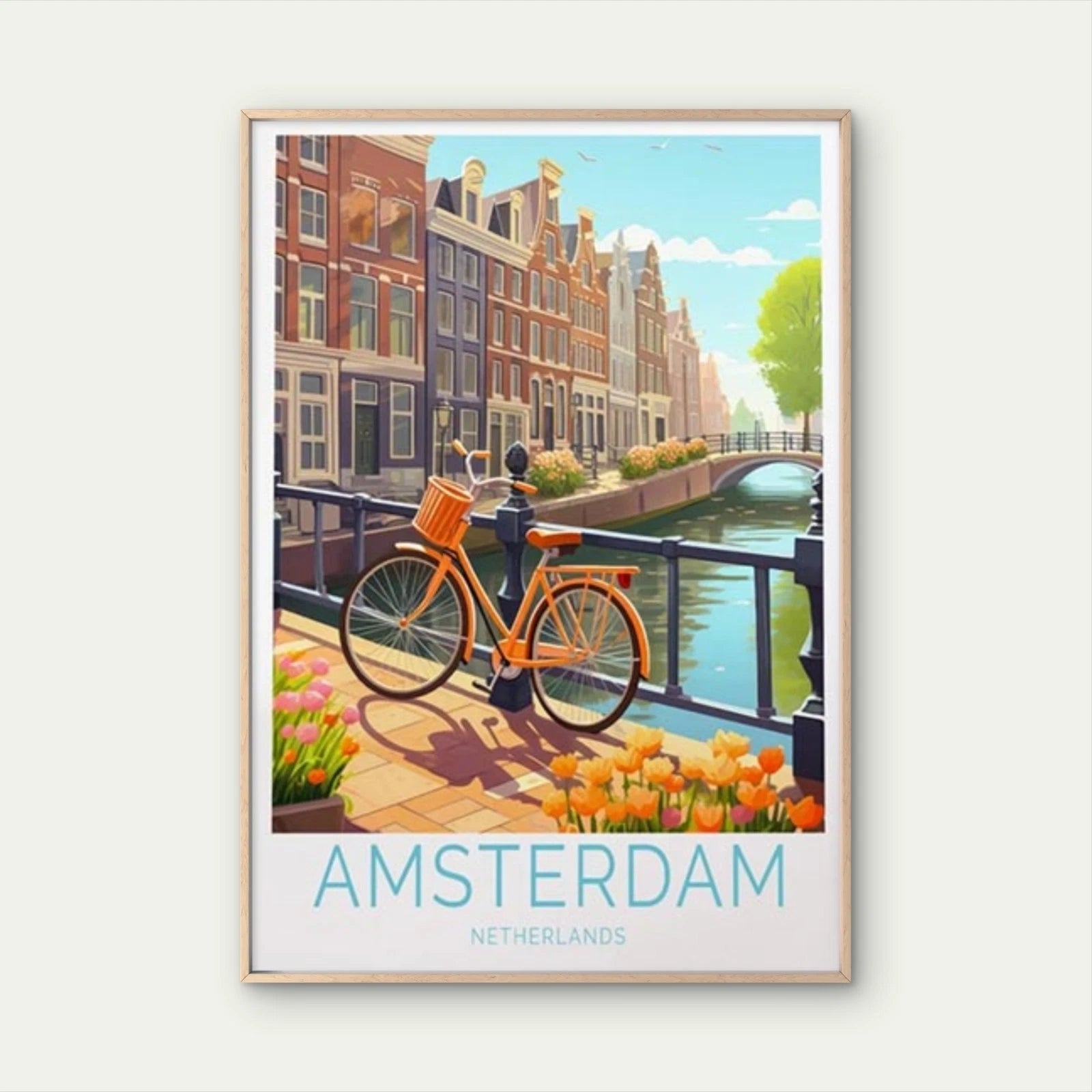 Amsterdam Netherlands, Canal & Bicycle Travel Poster Print Wall Art - Bella Home Decor