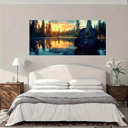 Lake Sunset With Black Guitar Wall Art Canvas Office Home Room Framed 120x60cm