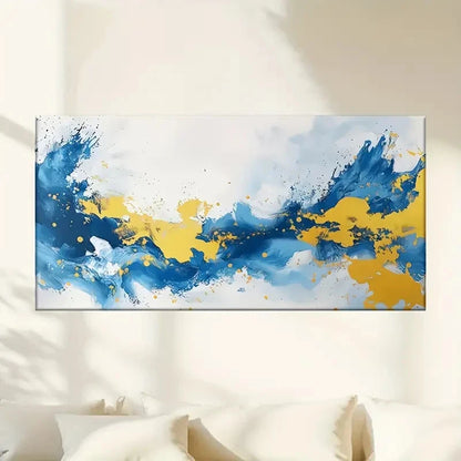 Blue & Yellow Splatter Design Wall Art Canvas Office Home Room Framed 120x60cm