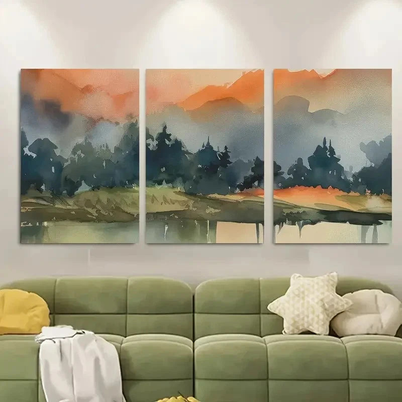 3pcs Watercolor Landscape, Forest Mountains Metal Print Ready to Hang Art
