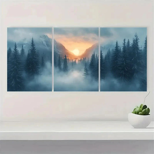 3pcs Misty Forest and Silhouette Trees Landscape Metal Print Ready to Hang Art