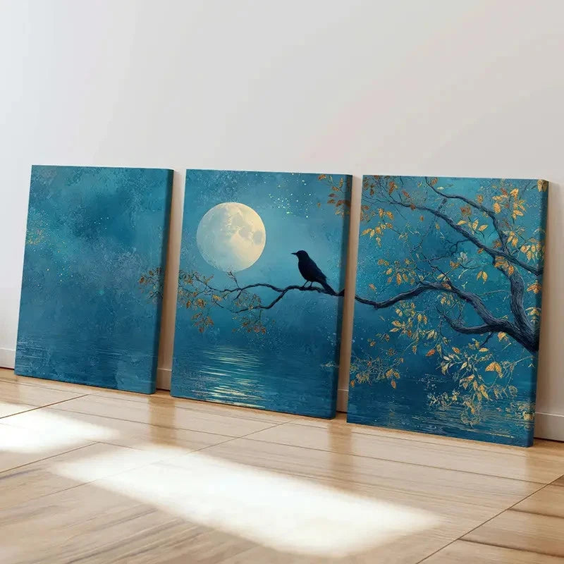 3pcs Black Bird, Autumn Leaves Night, Serene  Wall Art Set Canvas Framed 40x60cm - High Quality Print 100% Australian Made Wall Canvas Ready to Hang - Bella Home Decor
