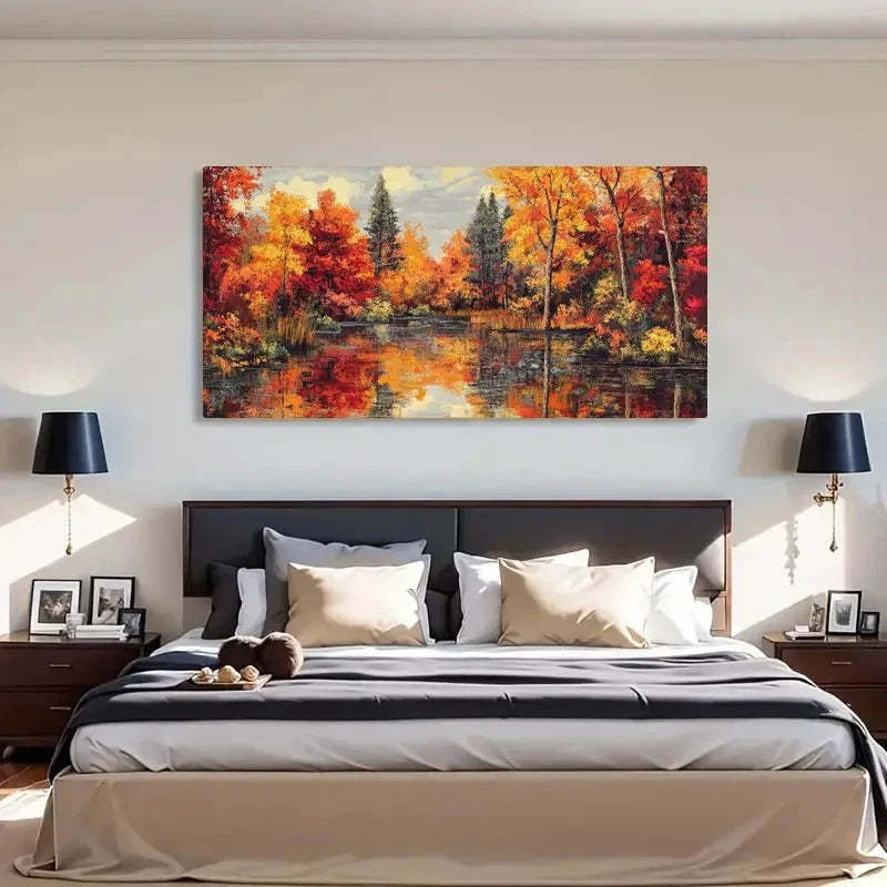 Water Reflection Autumn Foliage Wall Art Canvas Office Home Room Framed 120x60cm - Bella Home Decor