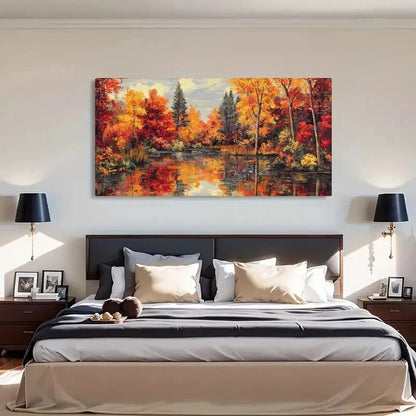 Water Reflection Autumn Foliage Wall Art Canvas Office Home Room Framed 120x60cm - Bella Home Decor